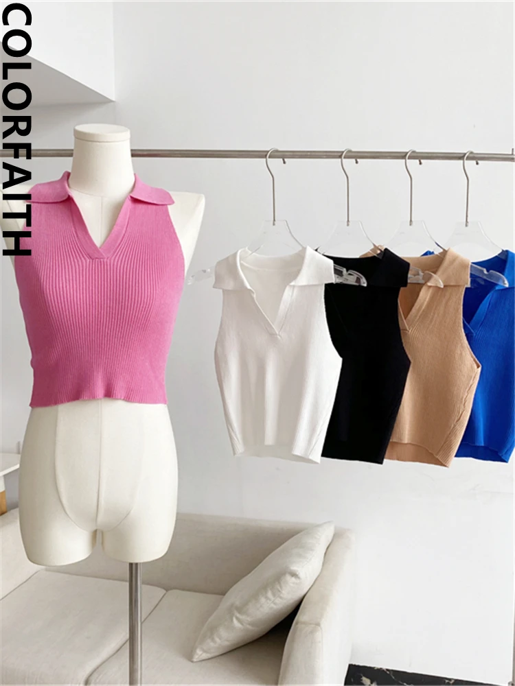 

Colorfaith New 2022 Basic Bottoming Sexy Vintage Elasticity Vests Women Tank & Camis Autumn Winter Knitted Crop Short Tops V3372