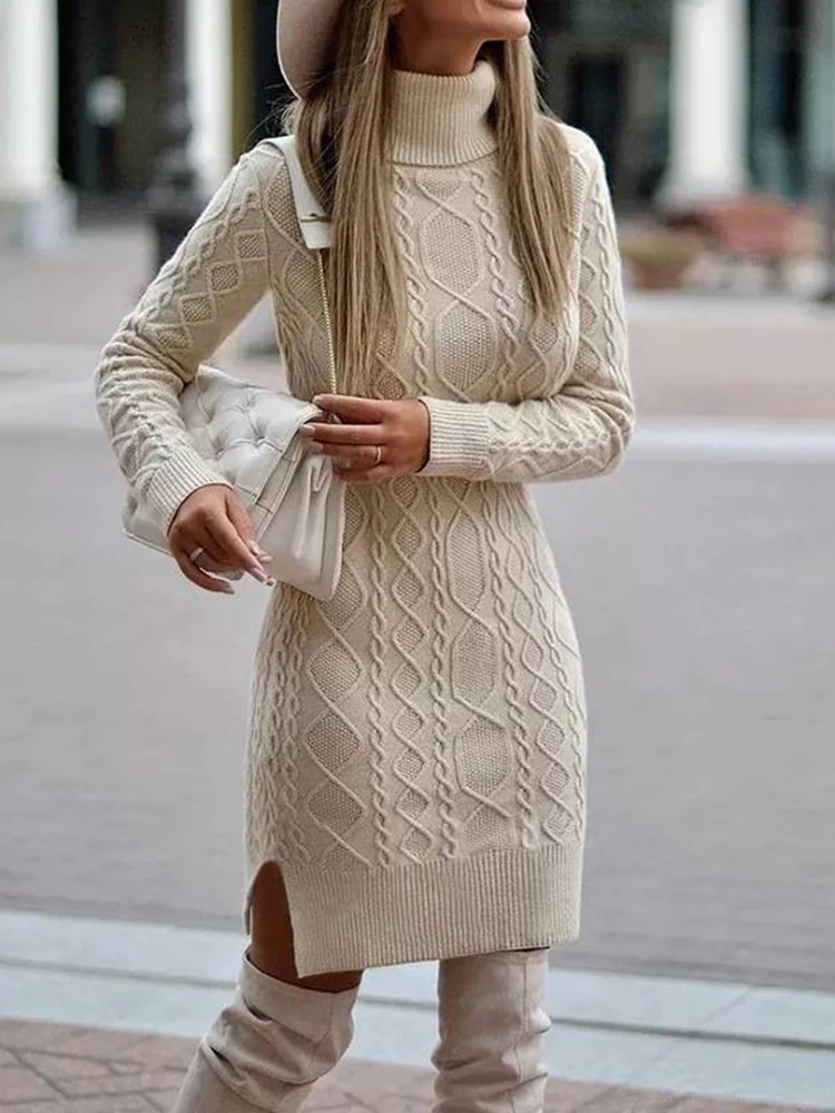 Sweaters Woman Winter 2022 Slim Long-Sleeve Pullover Knitted Turtleneck Sweater Split Twist Mid-Length Sweater Women's Dress