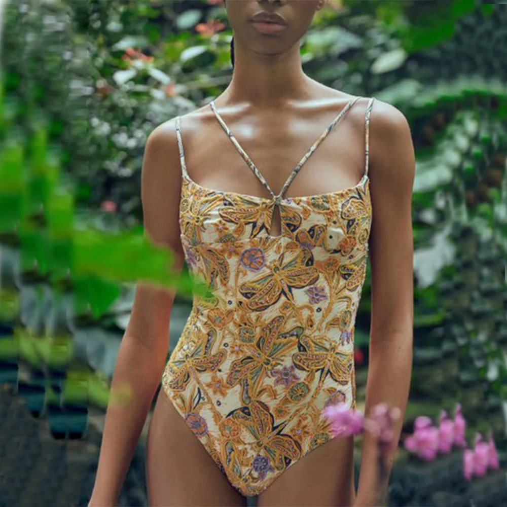 

Female Retro Printed Cutout Tie One Piece Swimsuits & Coverups Holiday Beach Dress Designer Bathing Suit Summer Surf Wear