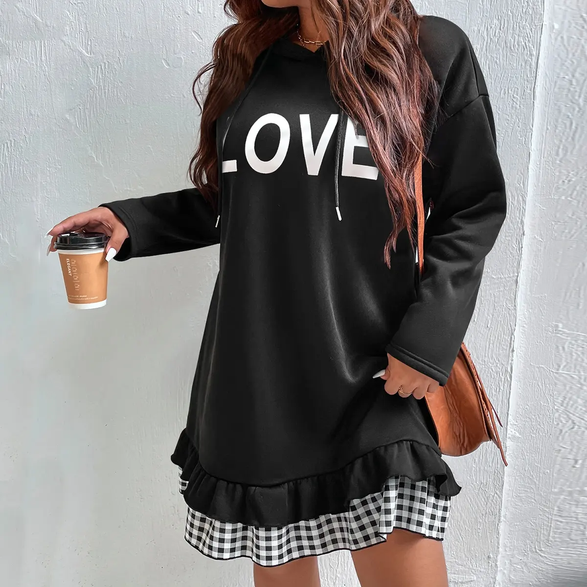 

Plus Size Women's Black Hooded Long Sleeves 2023 Summer Dresses Loose Love Letter Printed Casual Holiday Official Clothing