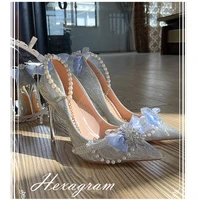 women stiletto high heel girl pearl lace bow shoes wedding buckle cute bead sequins sandals dress sweet round toe maryjane shoes