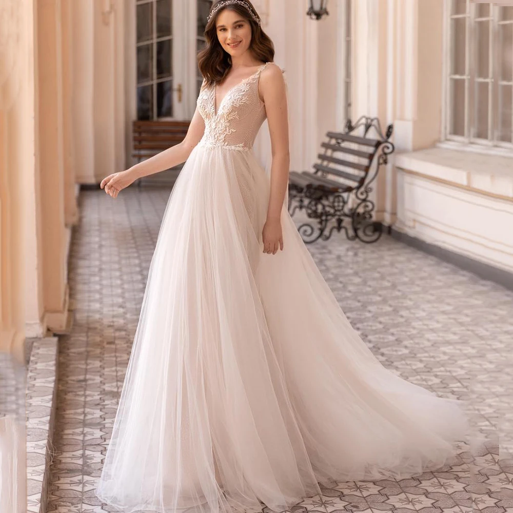 

Simple Tulle A-Line Sleeveless Wedding Dress Sexy Deep V-Neck Applique A-Line Floor Length Bridal Open Back Boho Gowns Robe