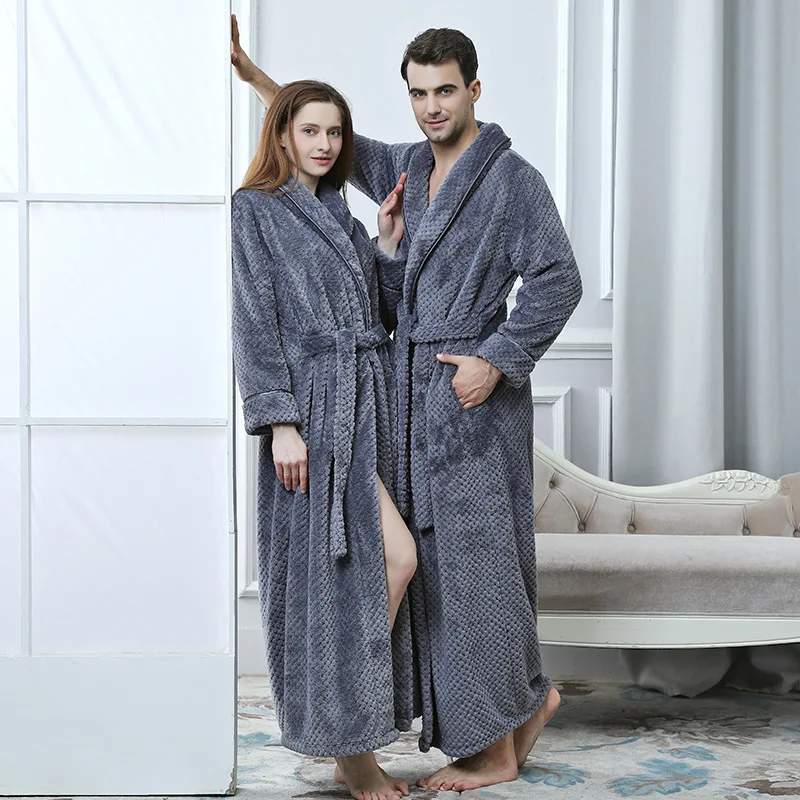 Thicken Warm Couple Style Flannel Robe Winter Long Sleeve Bathrobe Sexy V-Neck Women Men Nightgown Lounge Sleepwear Home Clothes
