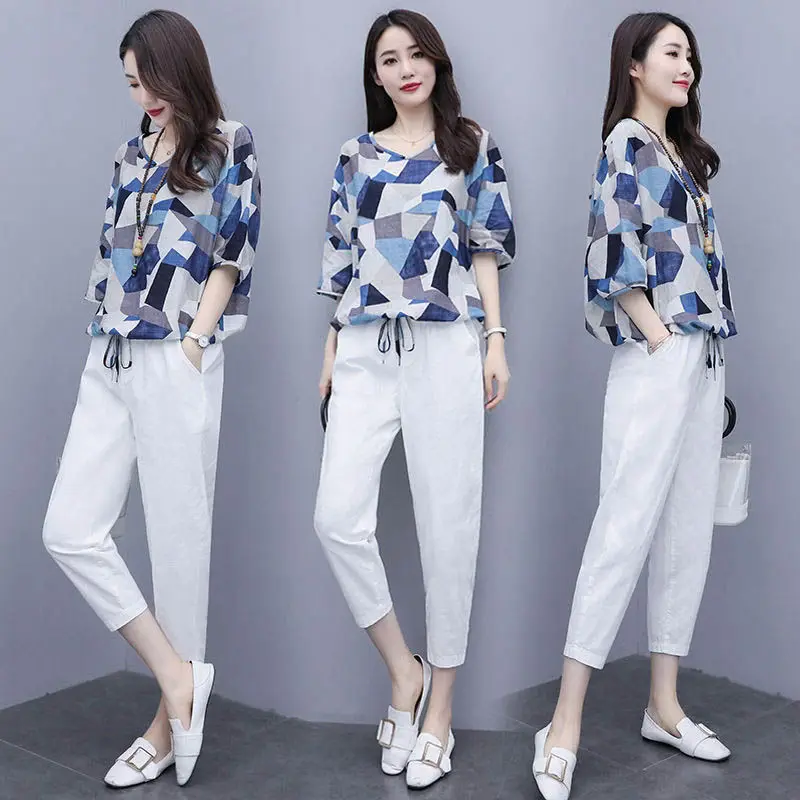 2022 Summer Women's 2Pcs Plaid V-neck Blouse+Pants Office Lady Two Pieces Set Casual Fashion Tops And Ankle-length Trousers Sets