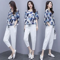 2022 summer womens 2pcs plaid v neck blousepants office lady two pieces set casual fashion tops and ankle length trousers sets