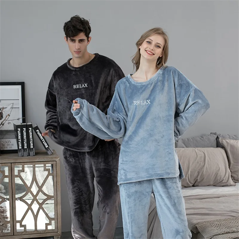 Hot Sale Autumn And Winter New Lover's Coral Fleece Suits Casual Loose Plus Velvet Home Clothes Pajama Set For Men And Women