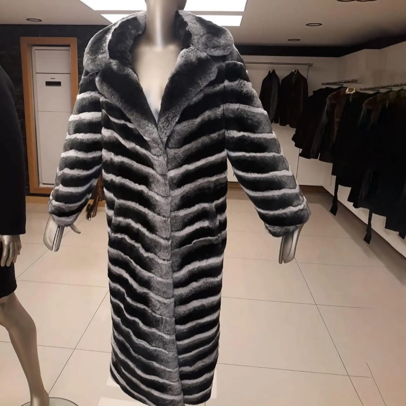 125 см длинное пальто из натурального меха кролика рекс цвета шиншиллы