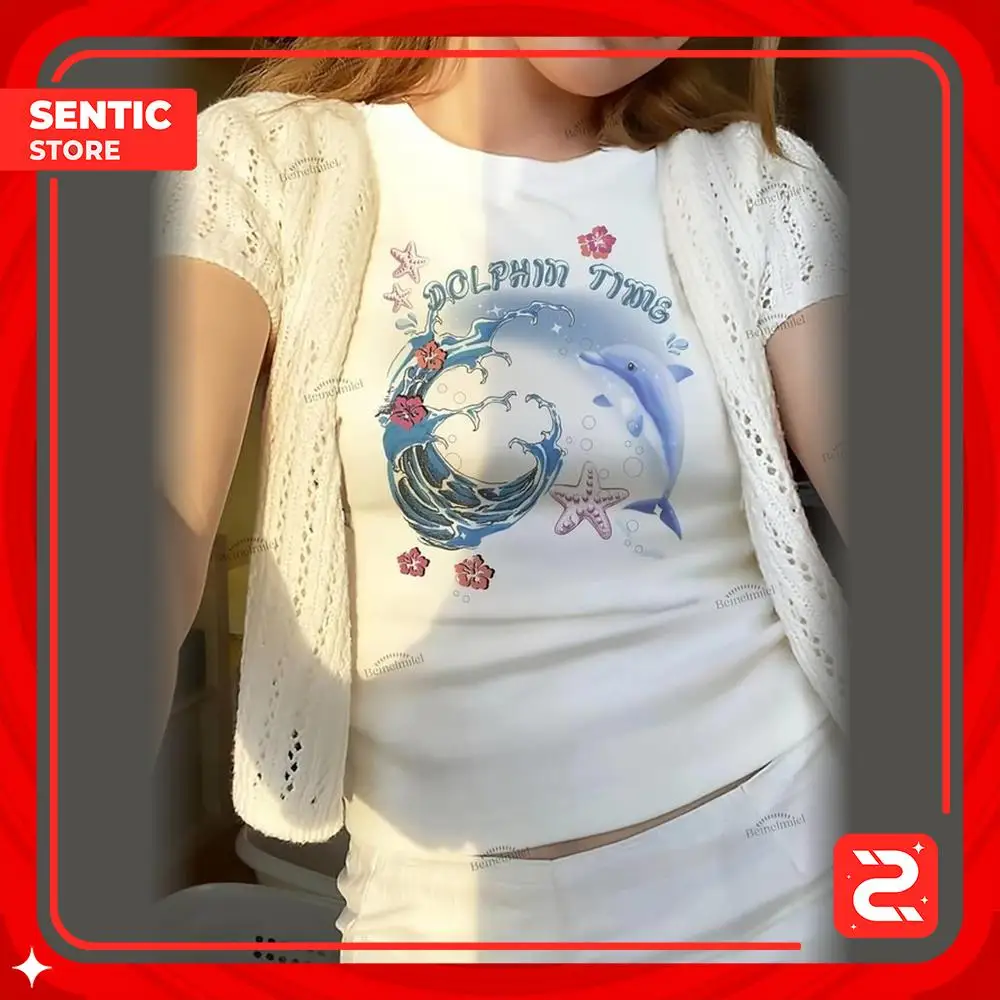 Укороченная блузка с принтом дельфина и поясом дневного света