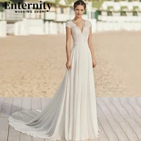 refined v neck bridal gown 2022 cap sleeves a line wedding dress illusion buttons back lace appliques robe de mariee court train