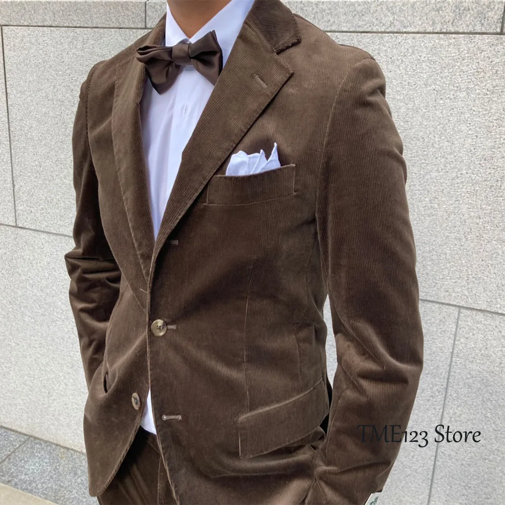 Newest Men's 2 Piece Suit Retro Corduroy Single-breasted Business Blazer Wedding Bridegroom Tuxedo (Jacket+Pant) Costume Homme