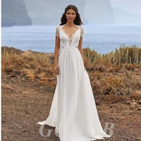 gogob elegant chiffon pleated r155 boho wedding dress for women lace back cap sleeve bridal gown robe de mari%c3%a9e bohemian beach