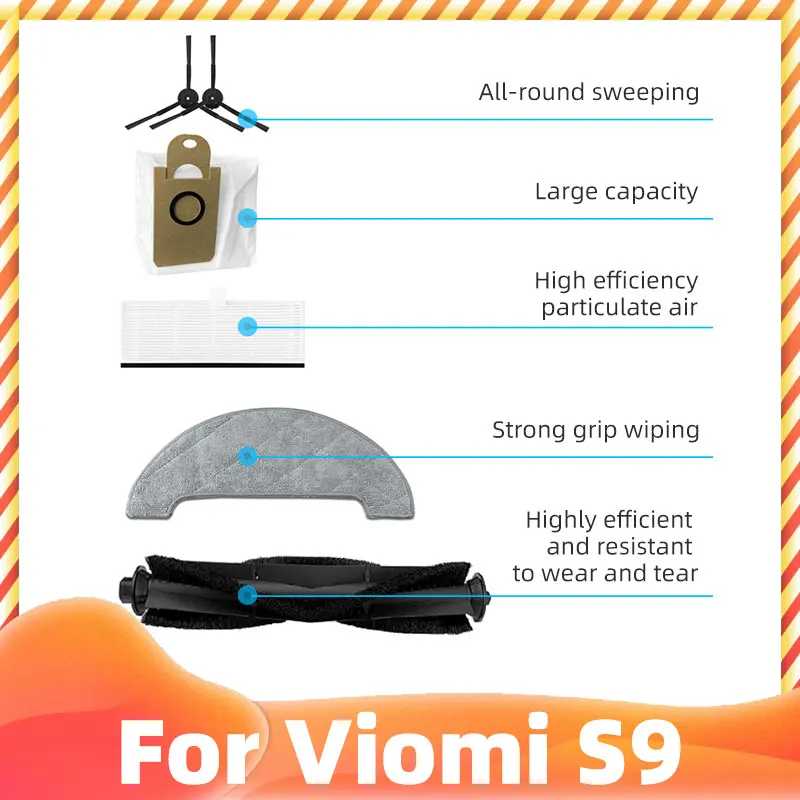 

For Xiaomi Viomi S9 Robot Vacuum Cleaner Spare Accessories Main Side Brush Hepa Filter Dust Bag Mop Cloths Rag Replacement Parts