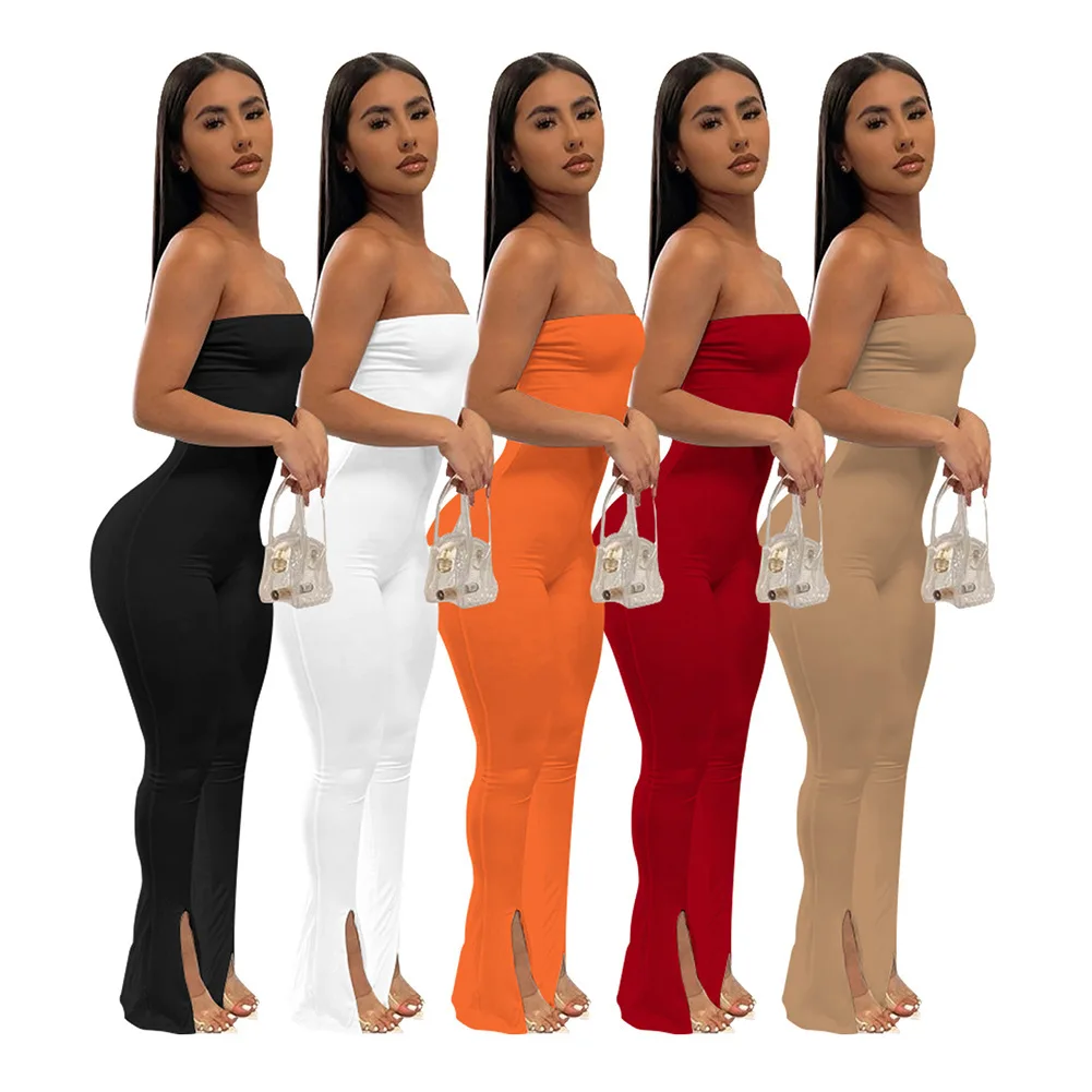 

New Hem Slit Elastic Bodycon Jumpsuit 2022 Woman Sexy Suspenders Sleeveless Skinny Flared Trouser Romper Yoga Overalls