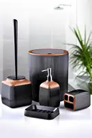 Round Wood Striped 5 Piece Bathroom Set Bathroom Accessory Set Soap Dispenser Toothbrush Holder Cup Toilet Accessories