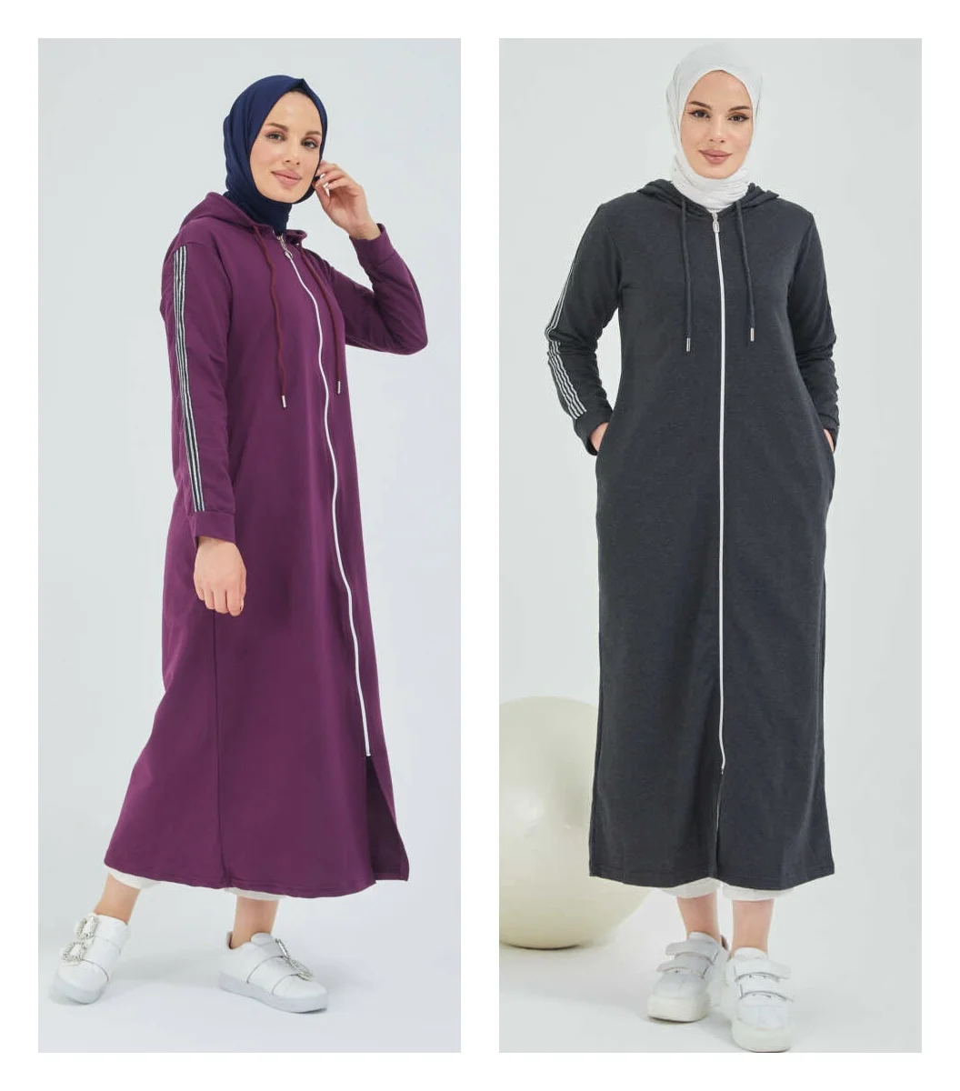 Front Zipper Hoodie Abaya Muslim Fashion Shawl Bonnet Sport Sets Islamic Women Hijab Travel Clothing  Seasonal Dress Suit Pocket