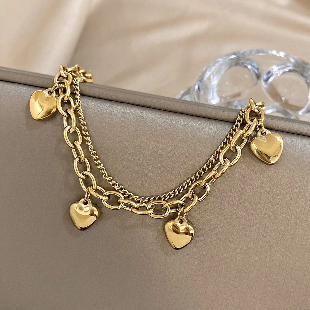 Stainless Steel Heart Pendant Cuba Link Chain Bracelet Bangles For Women Girls Gold Color Love Charm Bracelets Jewelry Gift