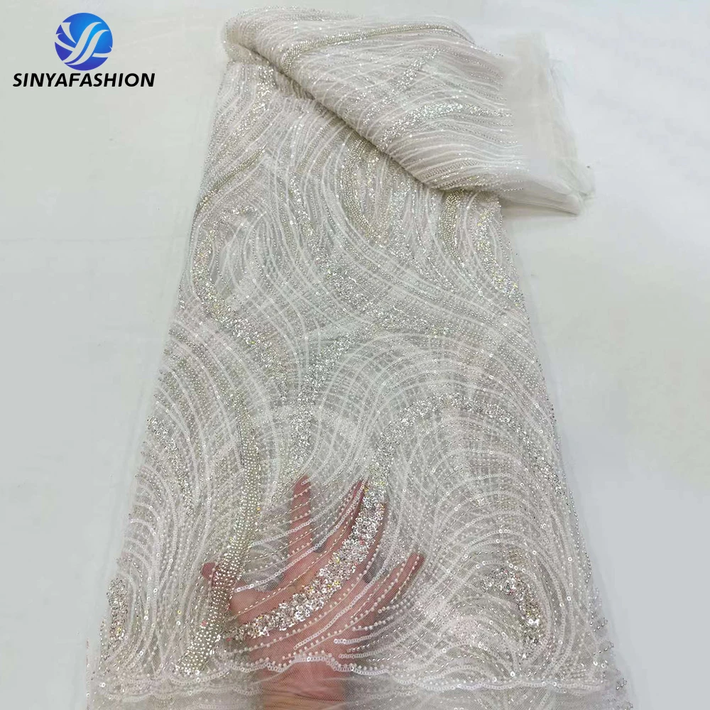 

Beautiful White African French Net Sequence High Quality Nigerian Wedding Embroidery Bridal Sequin Luxury Beaded Lace Fabric