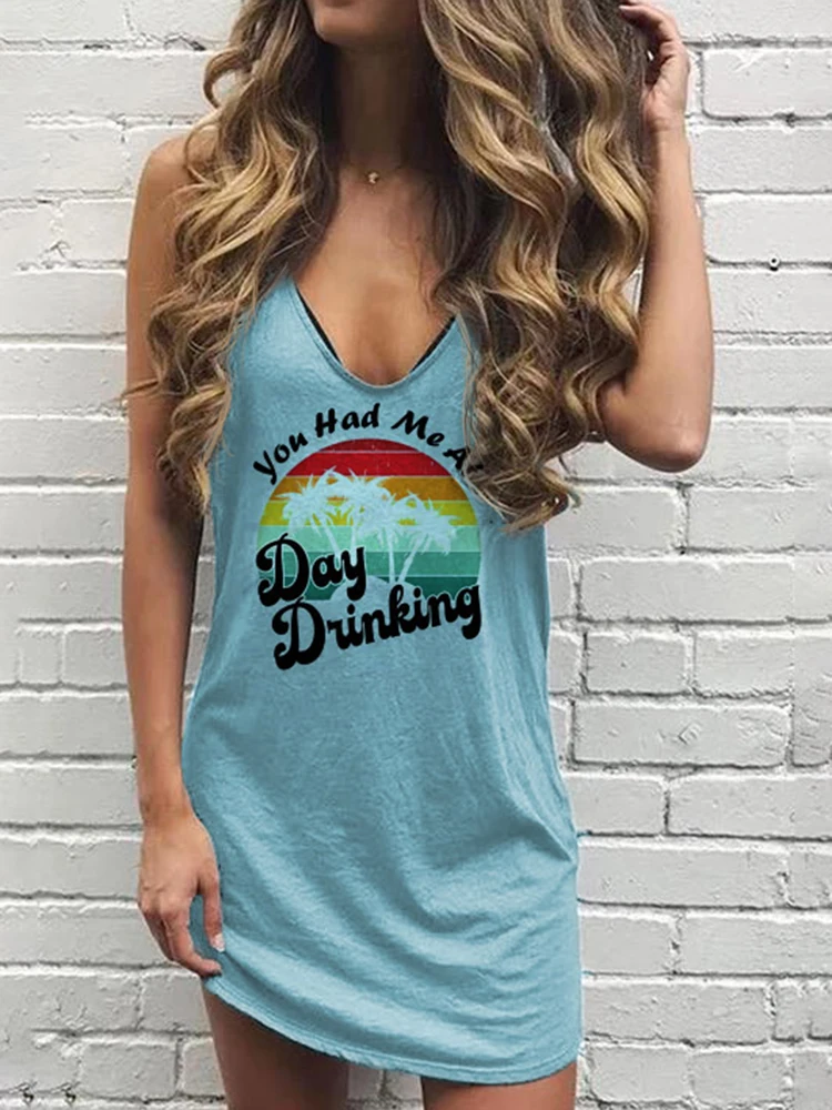 

Women's Summer Beach Tank Dress Funny Letter Print You Had Me at Day Drinking Coconut Tree Mini Dresses V Neck Vacation Sundress