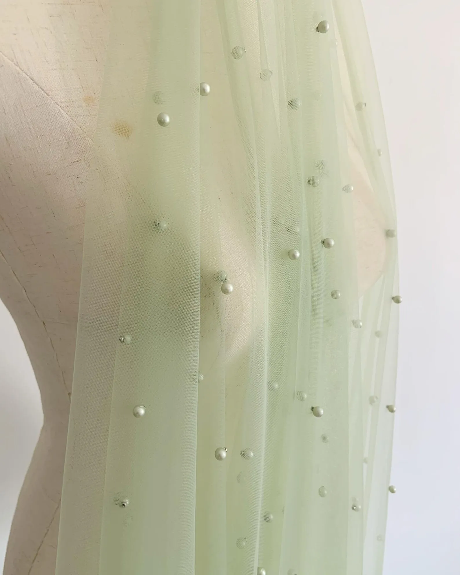 

Light Sage Green Tulle Fabric with Pearls for Dress and Veil 3 yards