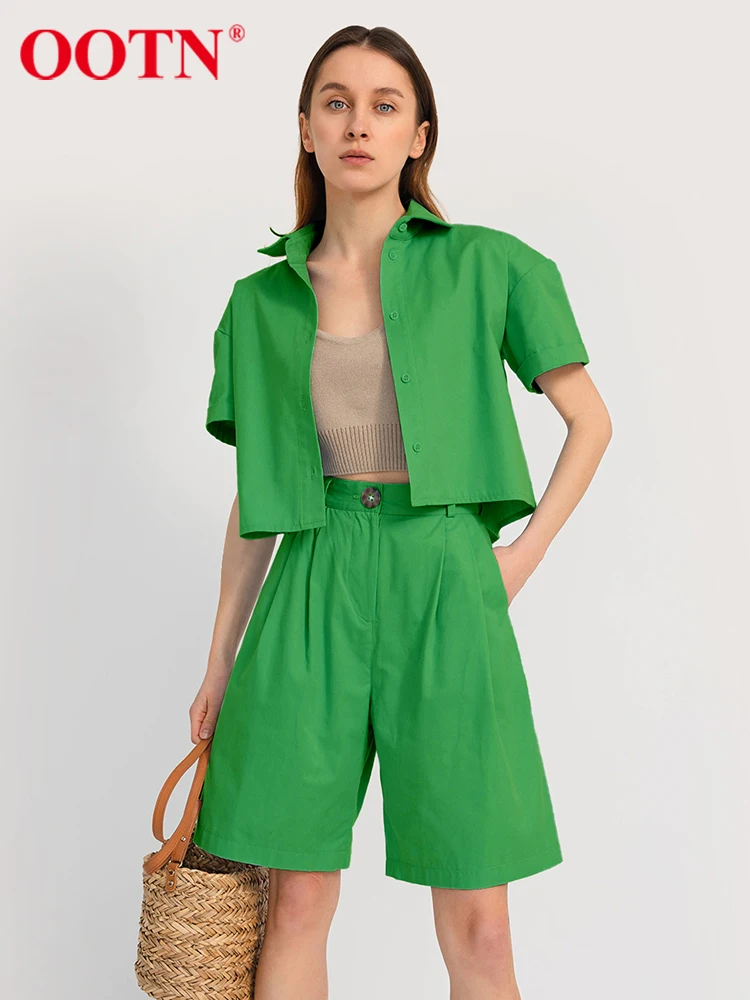 

OOTN Casual 2 Pieces Shorts Sets Summer Street Lapel Short Sleeve Shirts Women Suits High Waist Knee Length Shorts Green Outfit