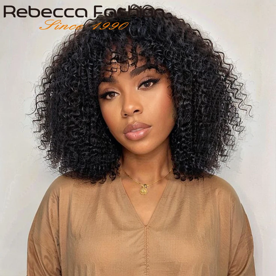 

Short Glueless Jerry Curly Hair Wigs With Bangs Brazilian Curly Human Hair Bob Wigs For Women Full Machine Made 1B P1B/30 P4/30