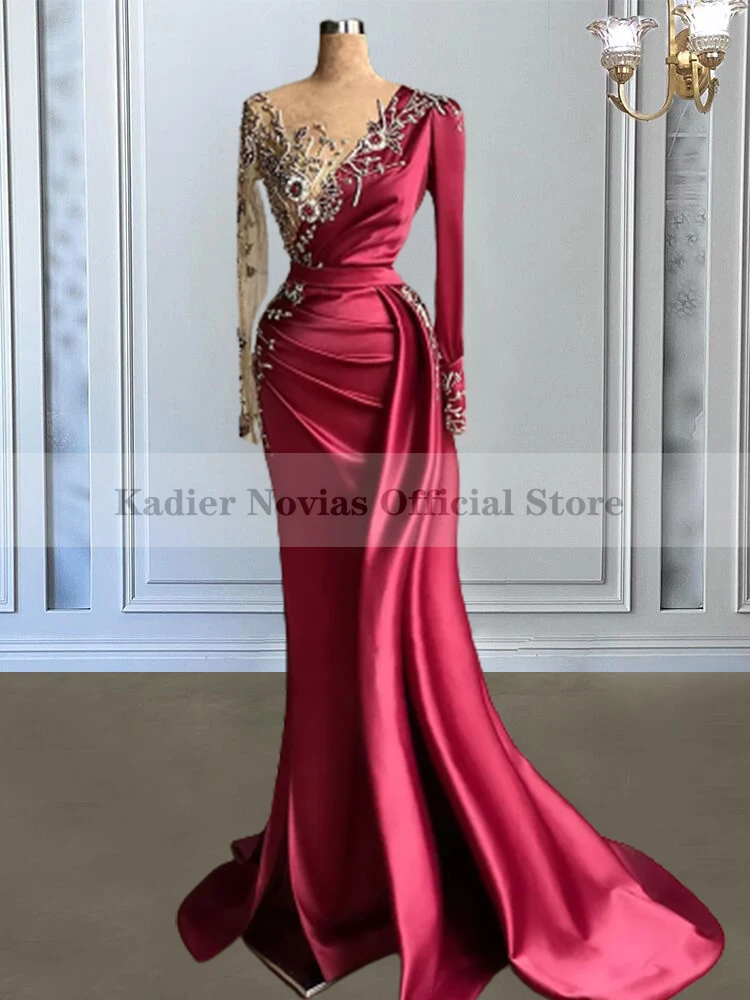 

Kadier Novias вечерние платья с длинным рукавом Русалка бордового цвета с прозрачным вырезом атласное вечернее платье для выпускного вечера