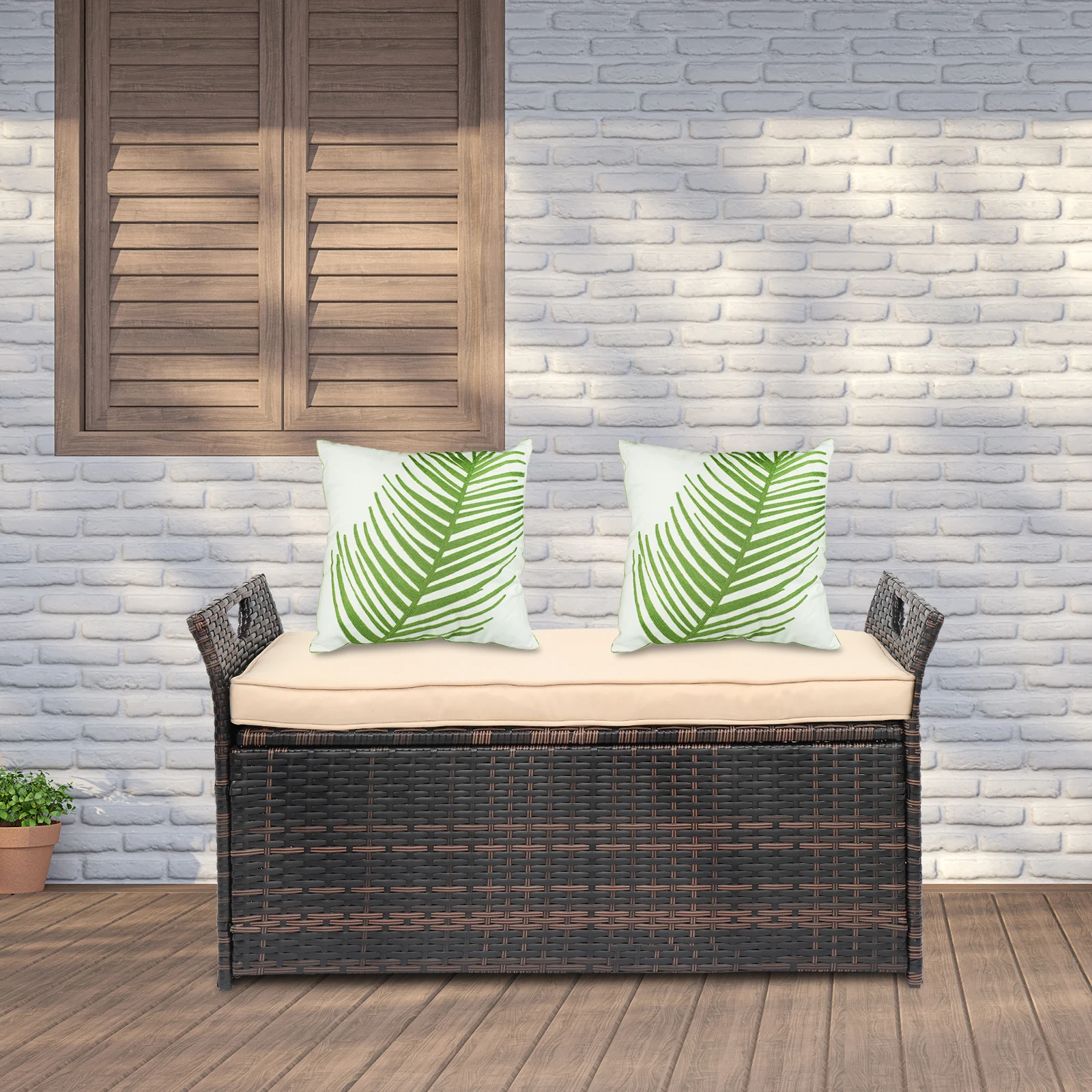 

[Flash Sale]106x52x46cm Iron Frame Can Accommodate Brown Gradient Footstool Locker Rattan Locker W/Beige Seat Cushion[US-Stock]