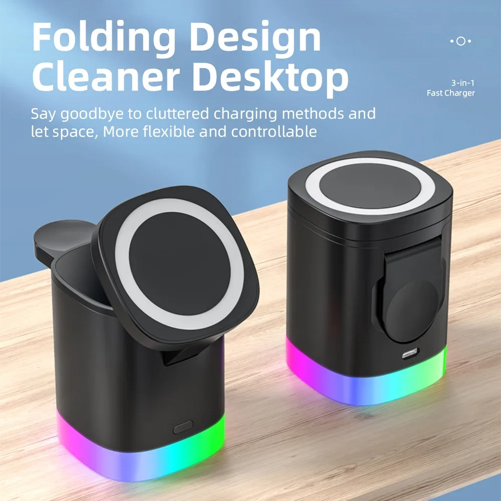 

3 In 1 Magnetic Wireless Foldable Fast Charger Bluetooth RGB Backlight LED Lamp Night Light For iPhone 12 13 13Pro Desktop Stand