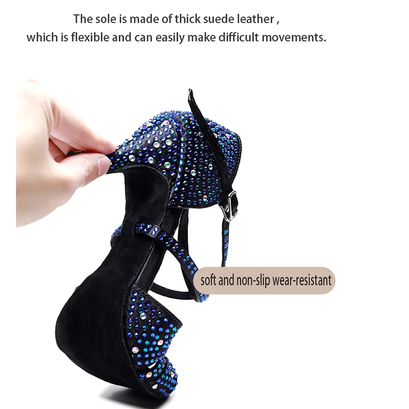 Woman Black Strappy Rhiestone Latin Salsa Dancing Shoes Women Suede Sole Kizomb Ballroom Dance Shoes for Wedding 3.5 Flared Heel
