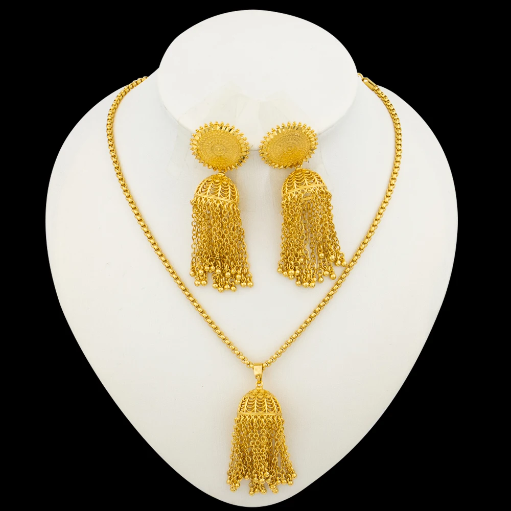 

Indian Gold Plated Jewelry Set For Women African Bridal 18K Gold Color Necklace Earrings Set Dubai Nigerian Wedding Bridal Set