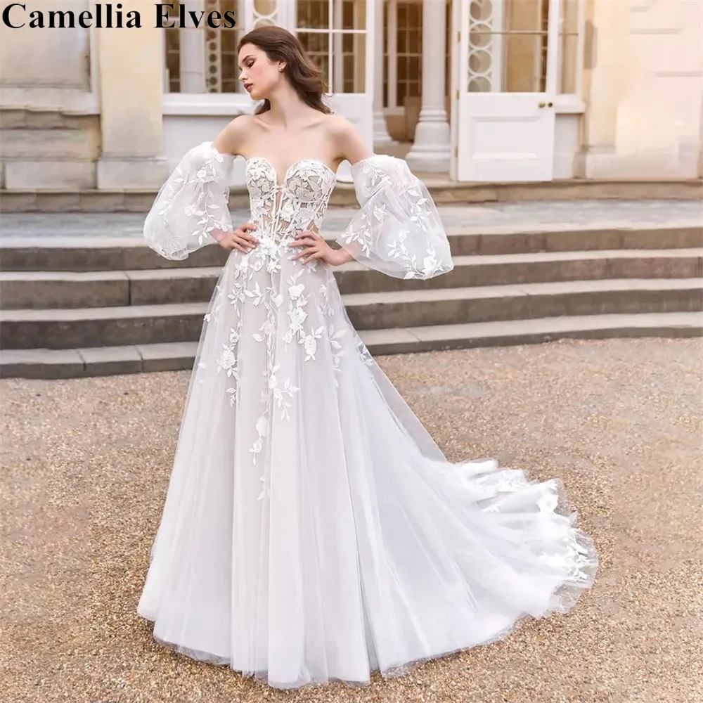 

Женское свадебное платье It's yiiya, белое кружевное платье А-силуэта с рукавами-фонариками и V-образным вырезом на лето 2019