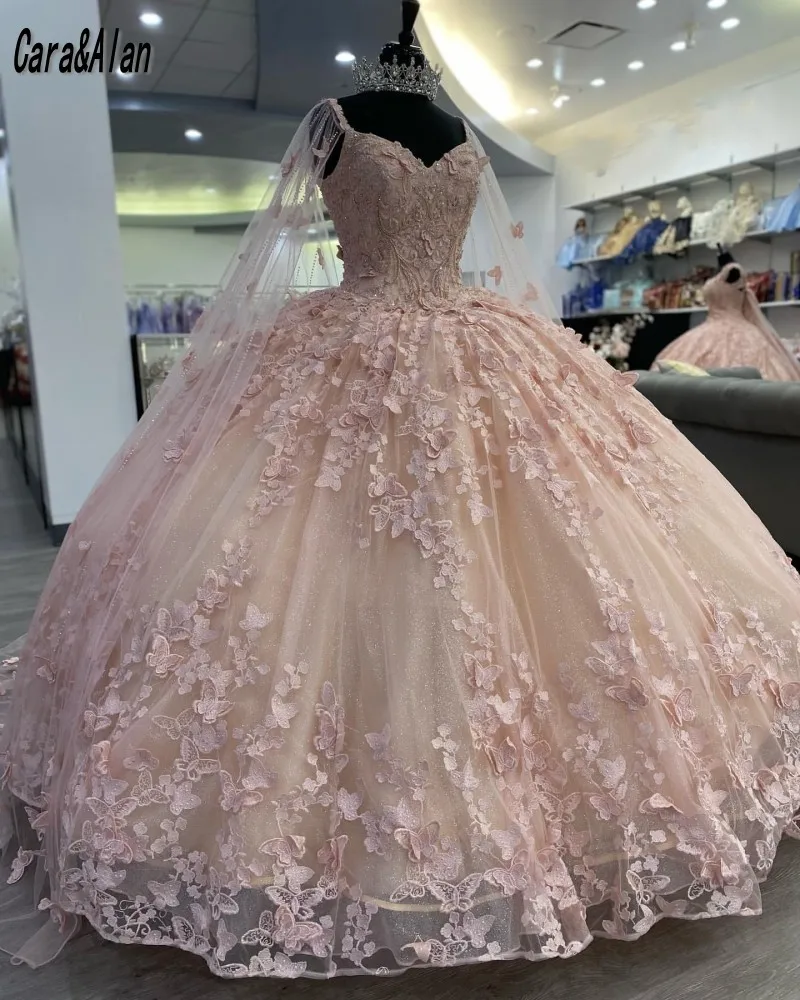 

Cara&Alan Butterflies Quinceanera Dresses Sequin Lace Beading Charro Mexican vestidos de 15 años Cap Sweet 16 Dress
