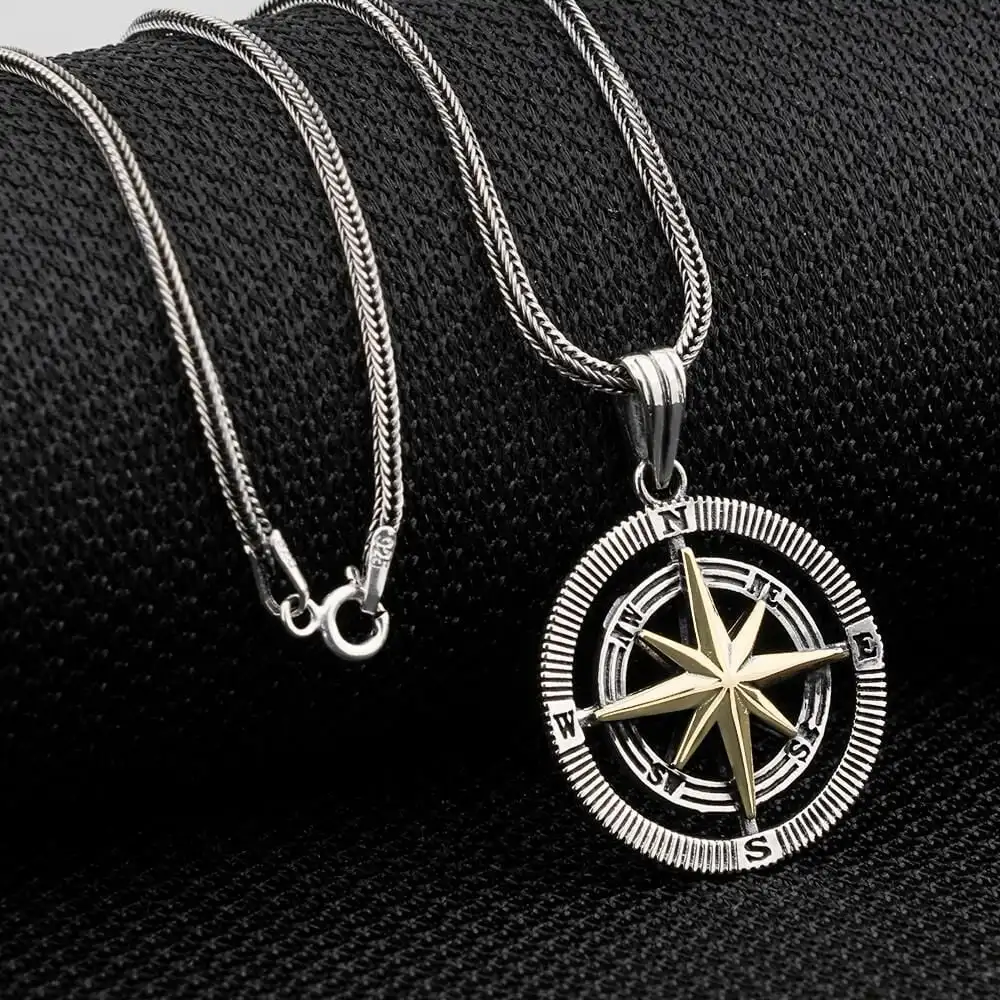 

925 Sterling Silver Compass Men's Necklace With Chain