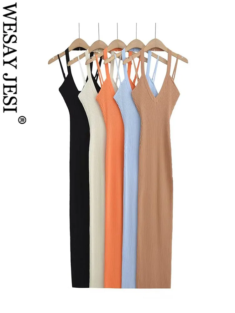

WESAY JESI TRAF Women's Fashion Dress Elegant Solid Color Set V-Neck Suspender Women's Slit Sexy Long Skirt Preppy Style Women's