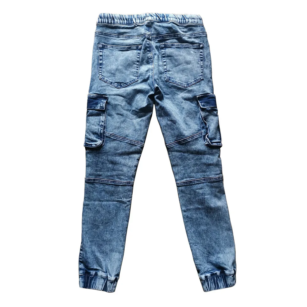 Retro Multi-Pocket Cargo Slim Fit Cotton Elastic Joggers Fashion High Street Lace Up Washed Old Men'S Pencil Jeans Size 29-36