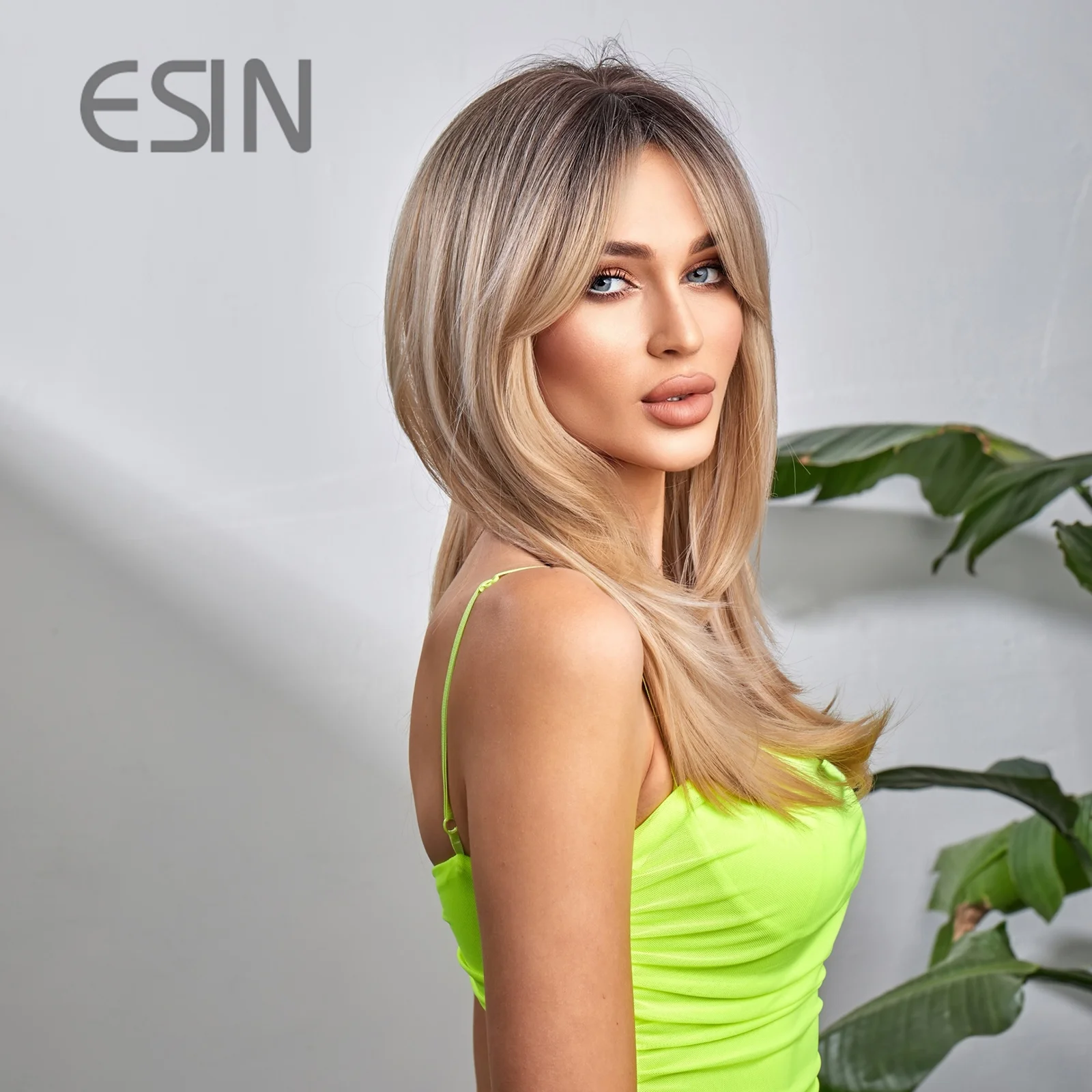 ESIN Synthetic Wig Long Brown Wigs for Women Ombre Layered Hair with Dark Roots
