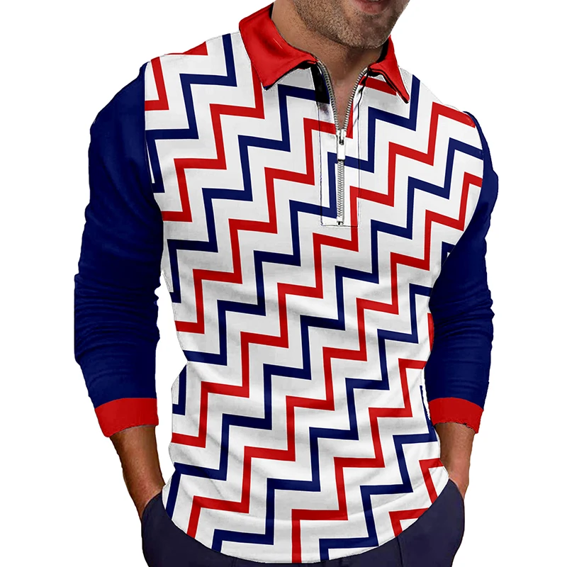 

Spring Autumn Chic Stripe Casual Mens Long Sleeve Polo Shirts Patchwork Turn-down Collar Zipper Design Men Street Clothing