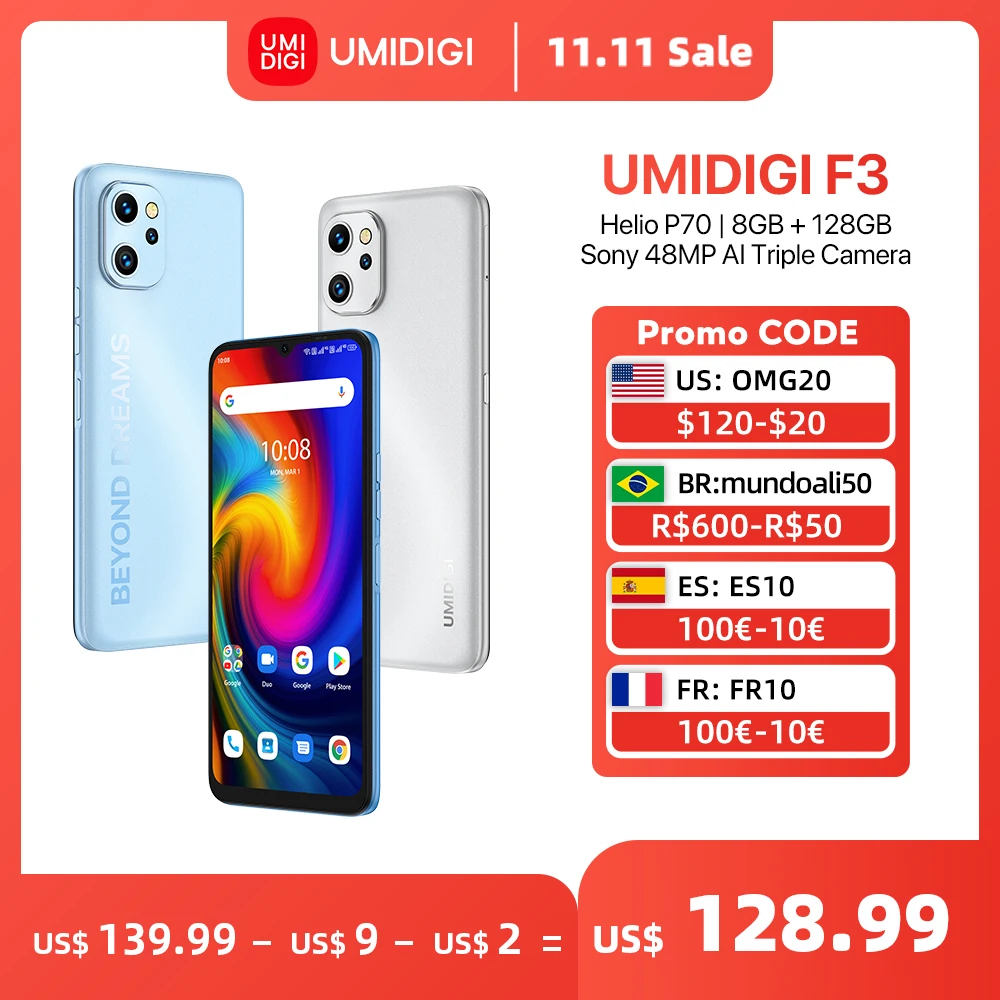 Tanie Telefon UMIDIGI F3, Smartfon Z Systemem Android 11, Helio P70, 8GB 128GB, Wyświetlacz NFC 6.7