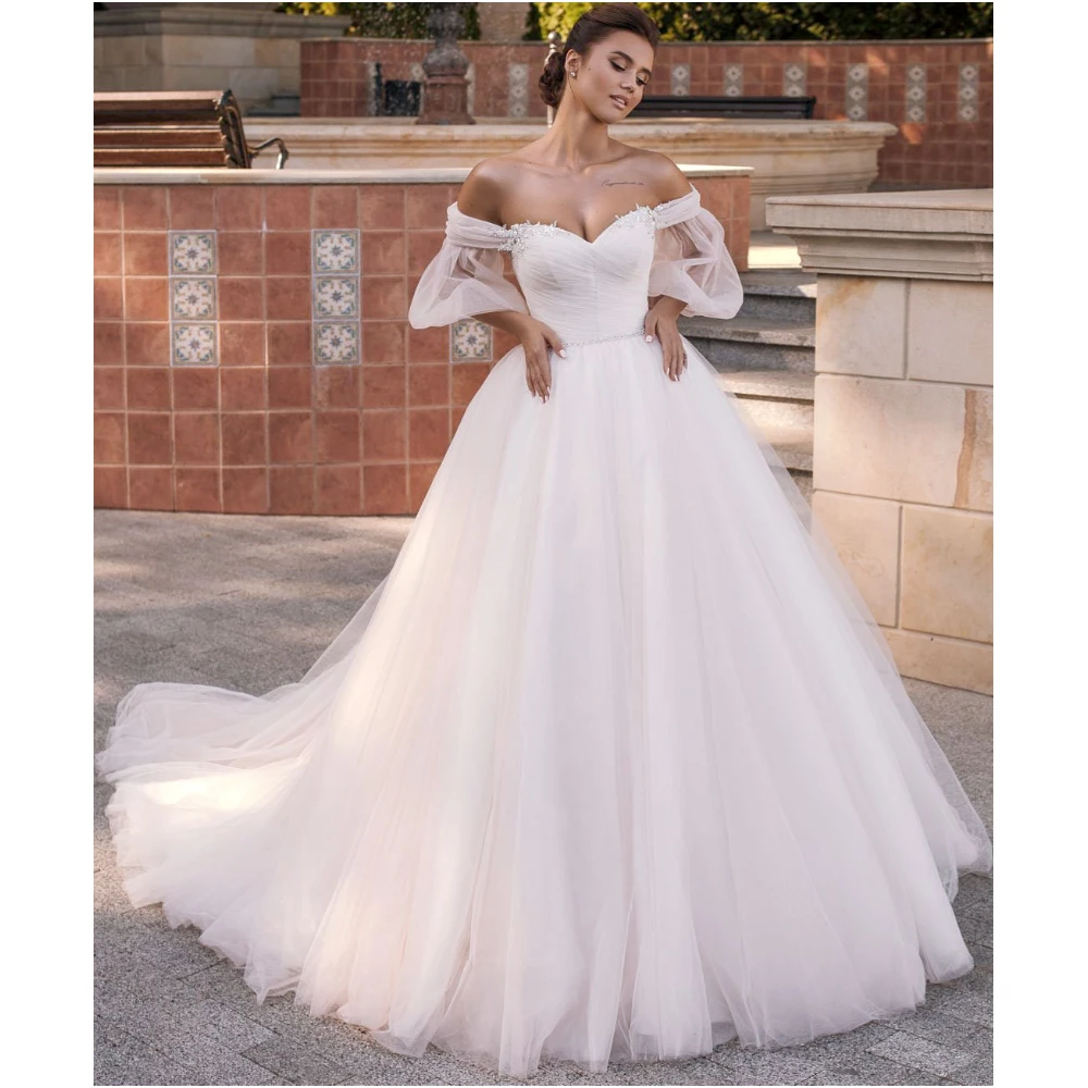 

Charming White A Line Wedding Dresses Appliques Beads Lace Off The Shoulder Bridal Gowns Sexy Sequins Long Robe vestido de novia
