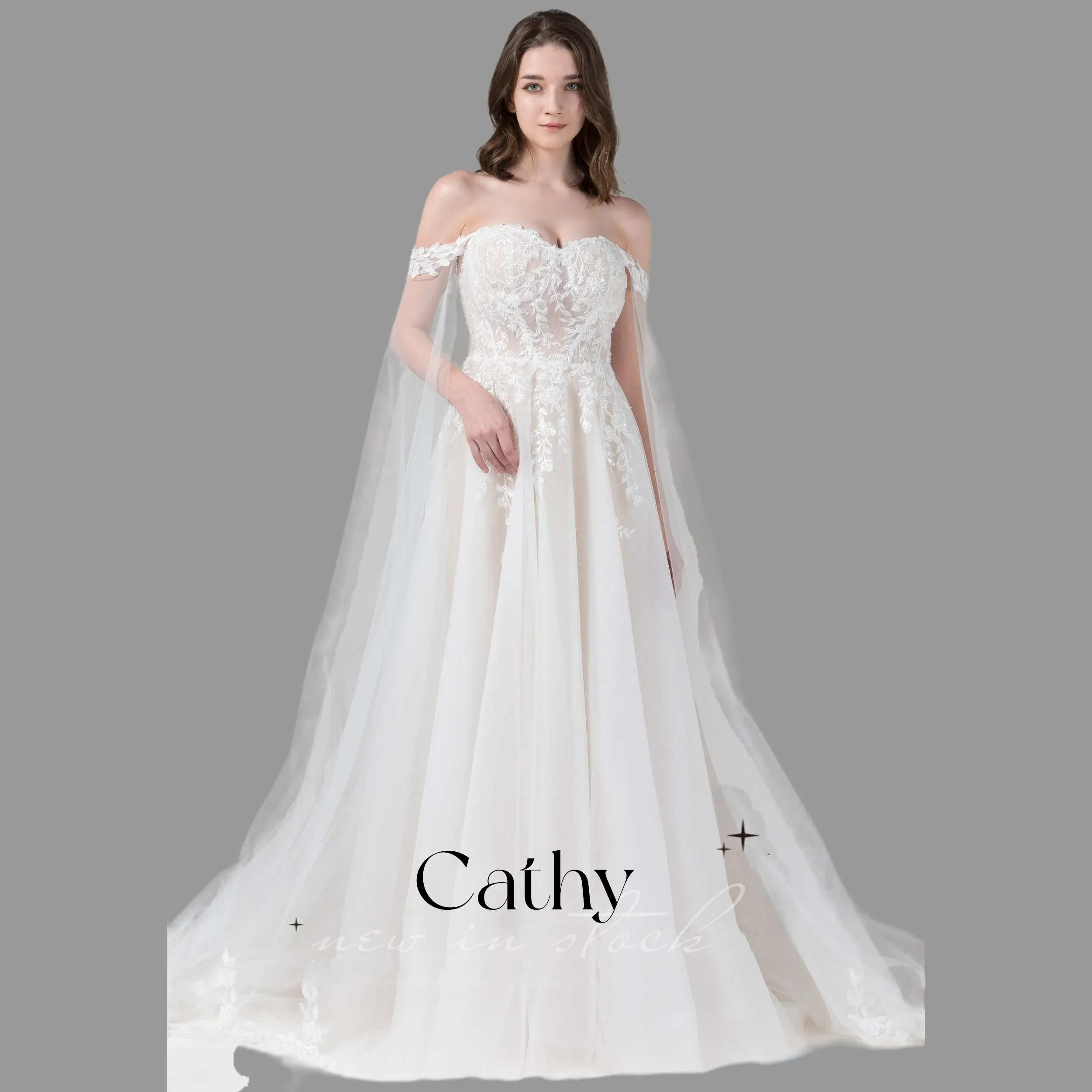 

Женское свадебное платье с открытыми плечами Cathy, нежное кружевное ТРАПЕЦИЕВИДНОЕ платье из тюля с аппликацией, индивидуальный пошив