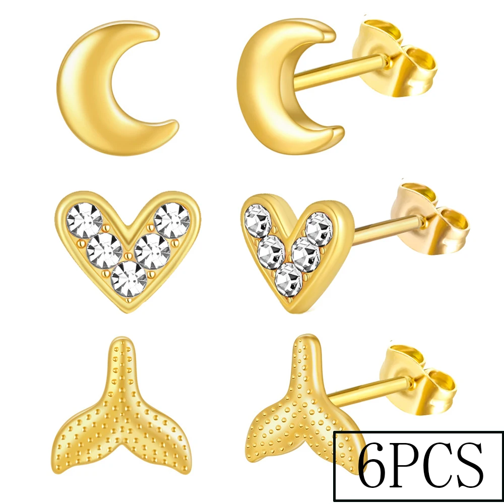 

6PCS Stainless Steel Stud Earrings for Women Men Zircon Heart Cartilage Earrings Set Moon Fishtail Piercing Jewelry Stud Gift