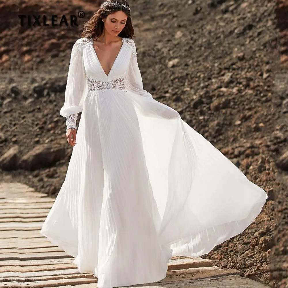 

Женское шифоновое свадебное платье TIXLEAR, элегантное кружевное платье невесты с длинными рукавами-фонариками, плиссированное сексуальное п...