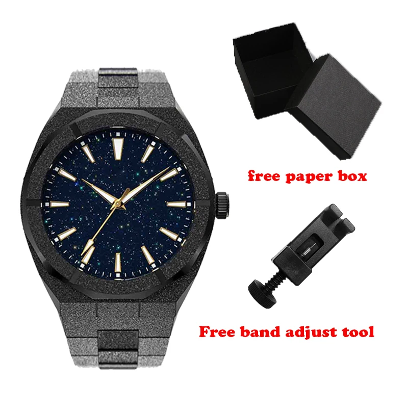 High Quality Matte Black Paul Rich Style Luminous Star Dust Dial Frosted Men Watch