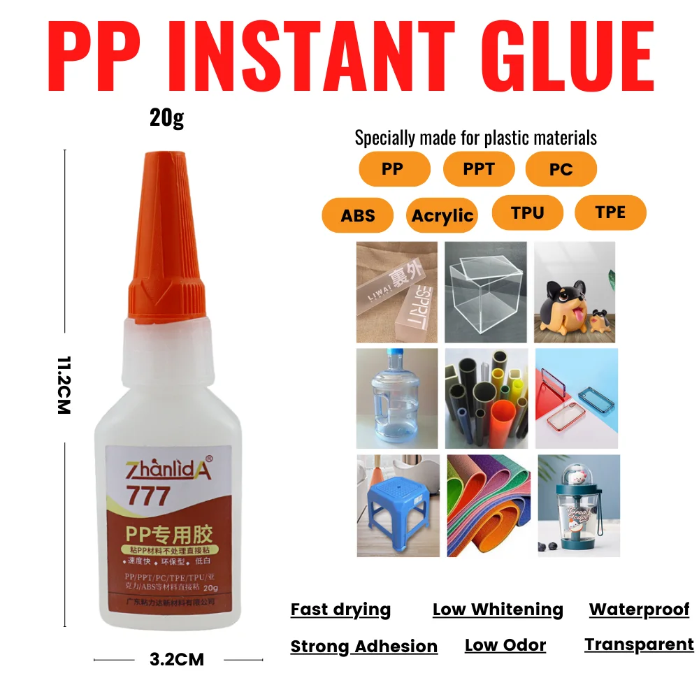 20g Zhanlida 777 PP Glue Quick-Drying Adhesive TPU PPT  PC TPE ABS Plastic Material Adhesive Instant Glue