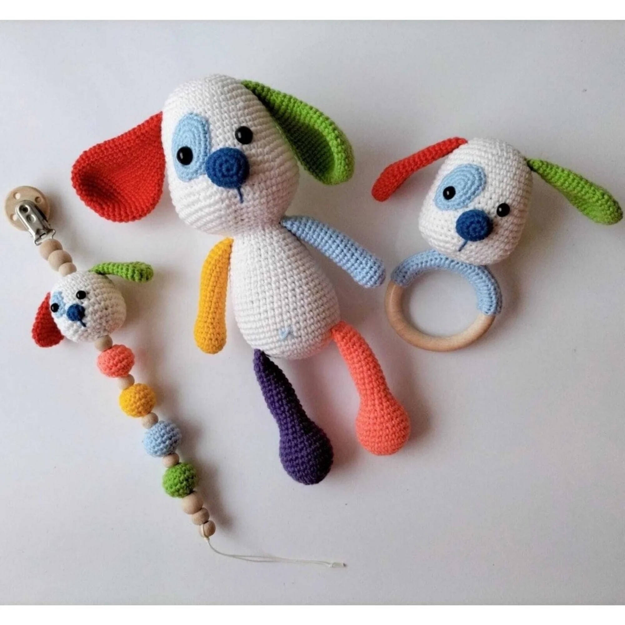 

Amigurumi Handmade Organic Animal Baby Doll Cute Colorful Dog Newborn Sleeping Set Companion Rattle and Pacifier Chain For Sale