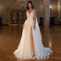 gogob sexy spaghetti straps v neck r151 sleeveless tulle a line wedding dress for bride backless high split vestido custom made