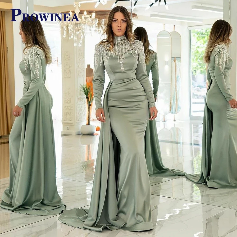 

Prowinea High-Neck Full Sleeve Muslim Fomal Evening Dress 2023 Trumpet Satin Appliques Court Train Robes De Soirée Personalised