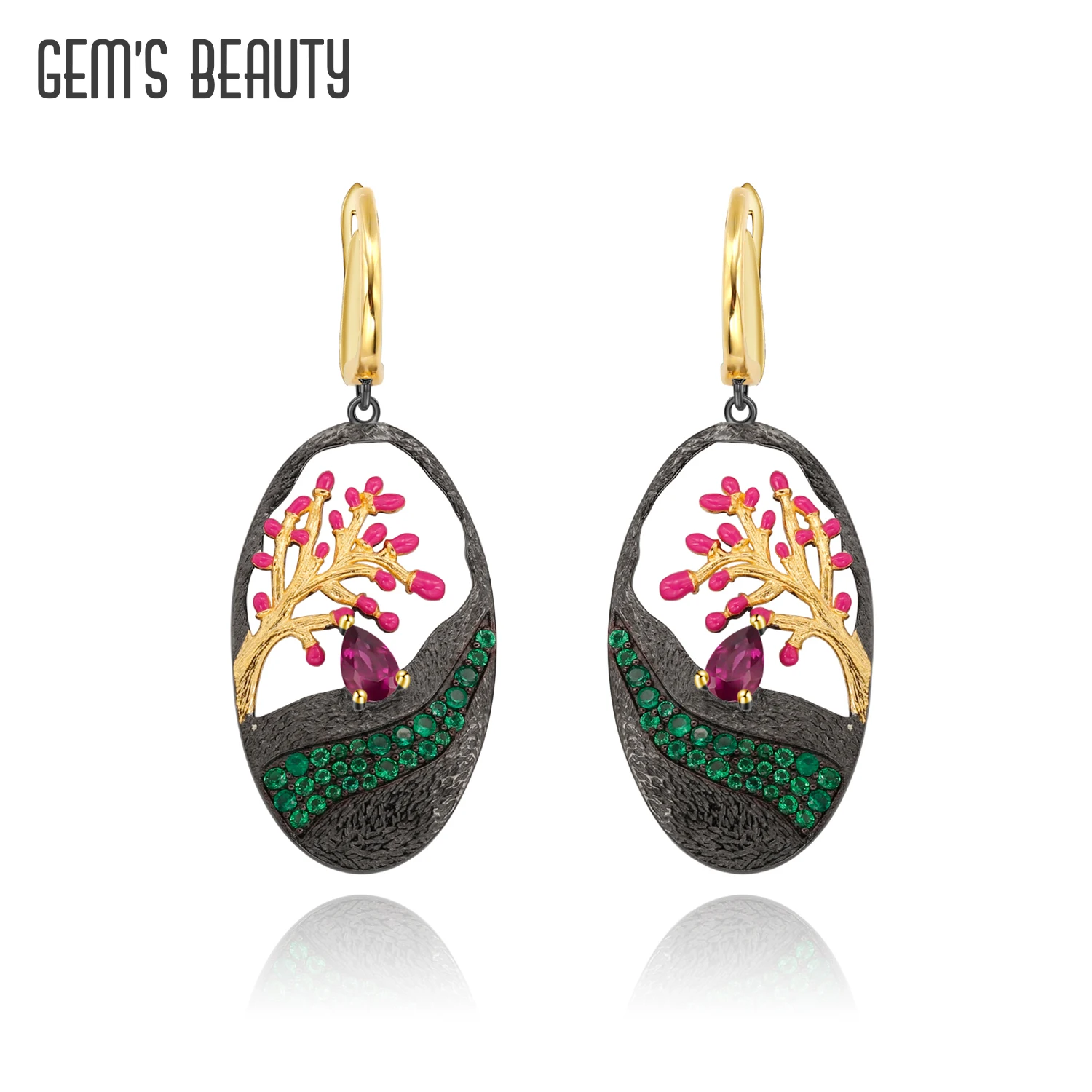 

GEM'S BEAUTY 0.56Ct Natural Rhodolite Garnet Earrings 925 Sterling Silver Handmade Enamel Drop Earrings for Women Fine Jewelry