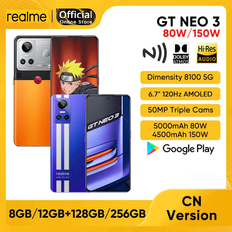 realme GT Neo 3 Dimensity 8100 5G Smartphone 6.7'' AMOLED Display 50MP AI Triple Cameras 4500mAh 150W Battery