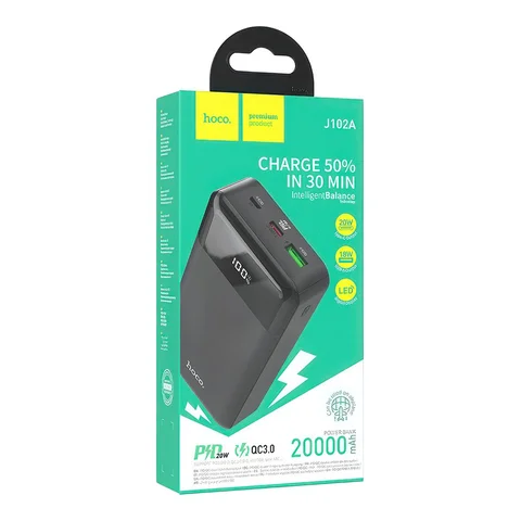 Внешний АКБ HOCO J102A Cool Figure 20000 mAh, 1xUSB, 1xUSB-C, 3А, QC 3.0, PD20W, LED дисплей, Li-Pol (черный)